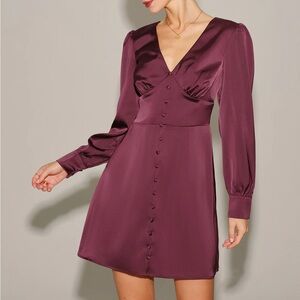 Rihoas Purple Satin V Neck long sleeves Mini Dress